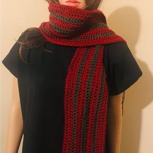 Christmas Silky Soft Scarf  Dark Red and Dark Green Stripes  Hand Crochet